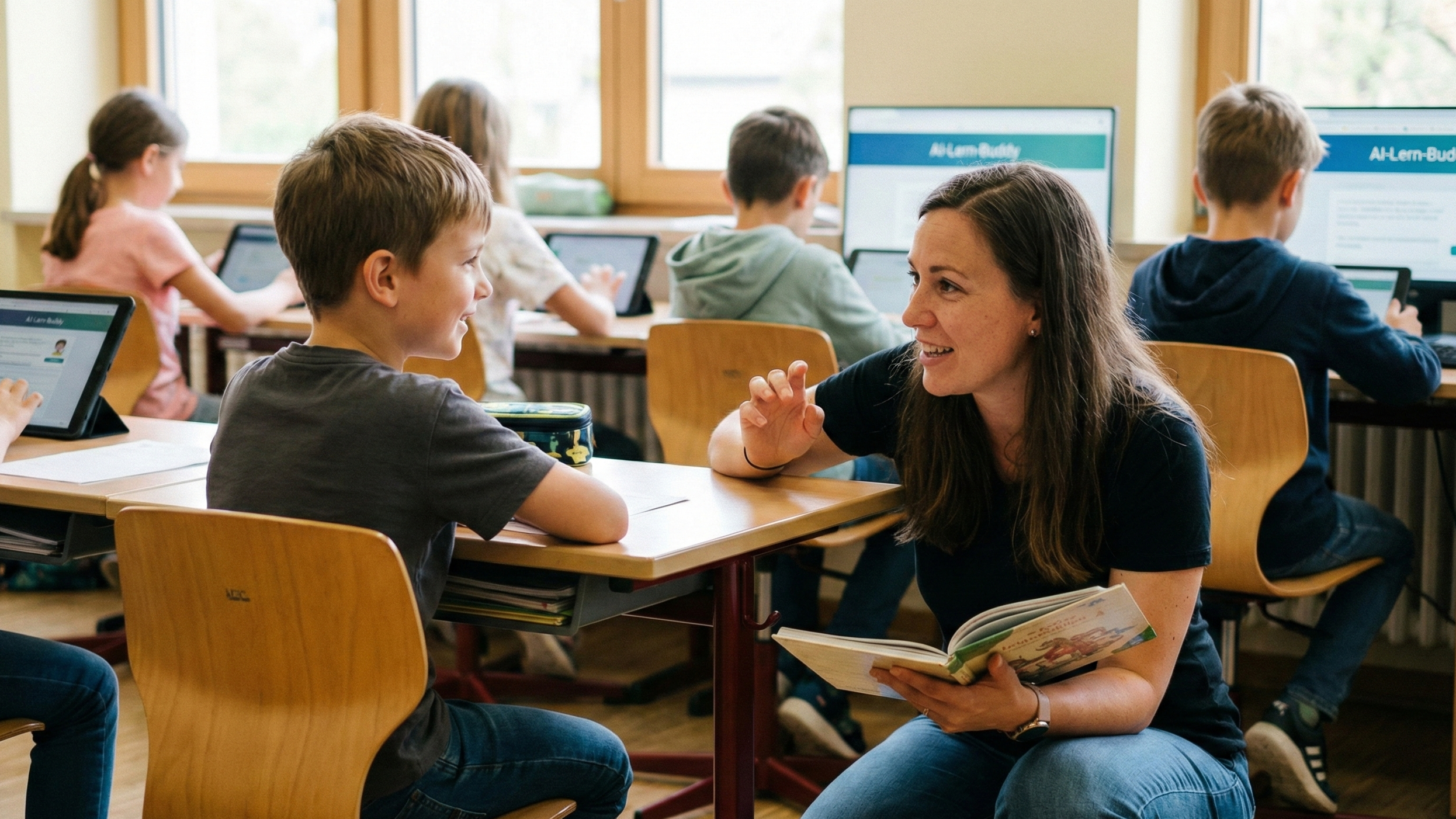 Lehrkraft und Schüler im entspannten Austausch